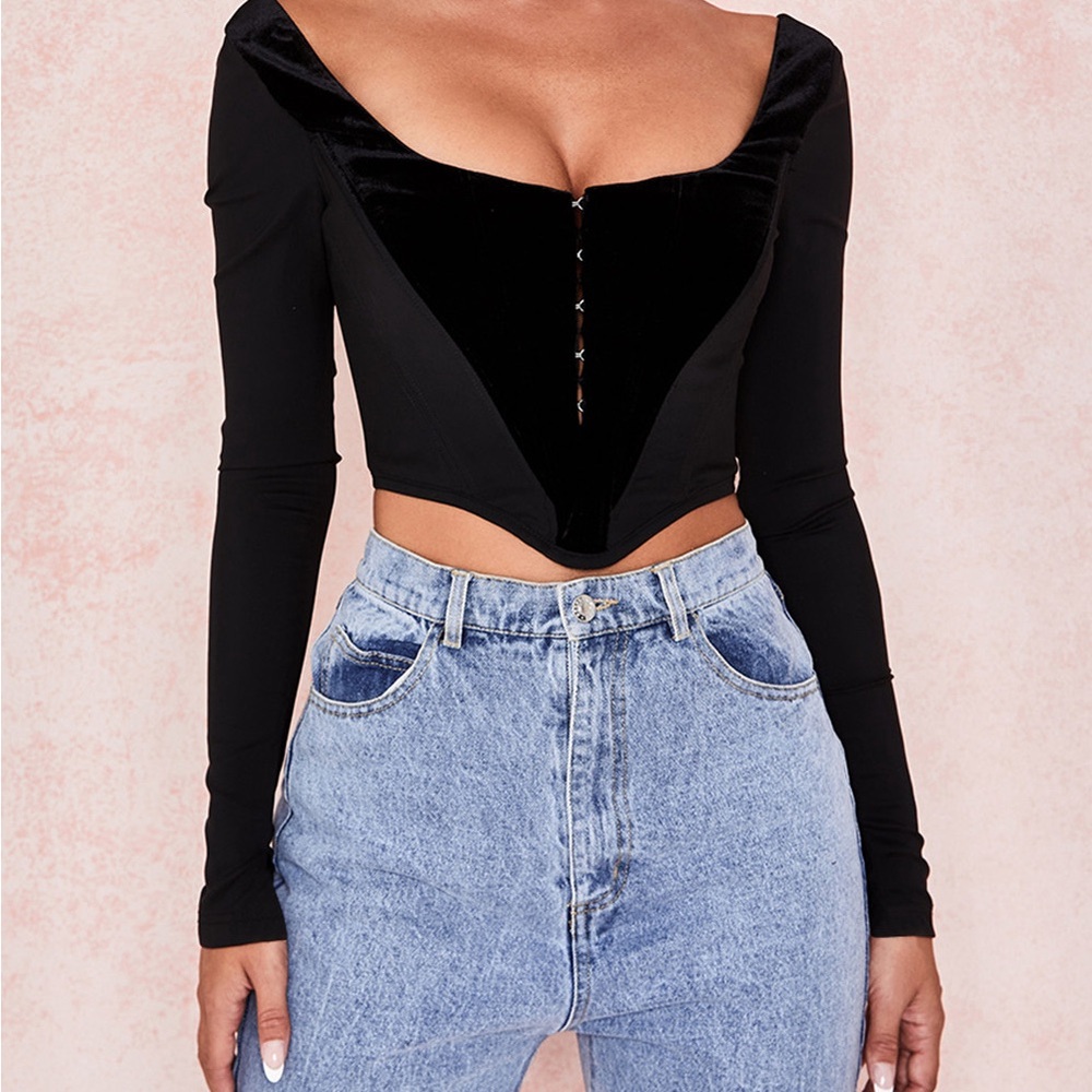 NWT House of CB Black Long Sleeve Corset Top w/ Velvet